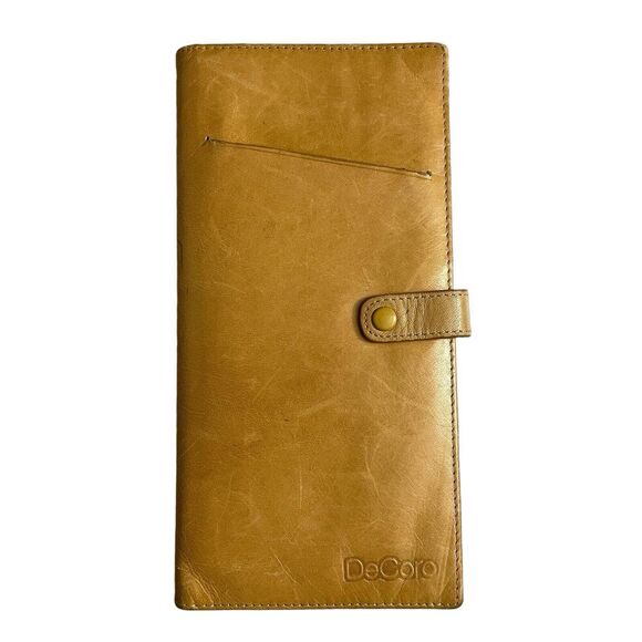 DeCoro Leather Wallet Tan Womens Embossed Snap Card Case Travel Organizer 9x4.75 - Picture 1 of 10